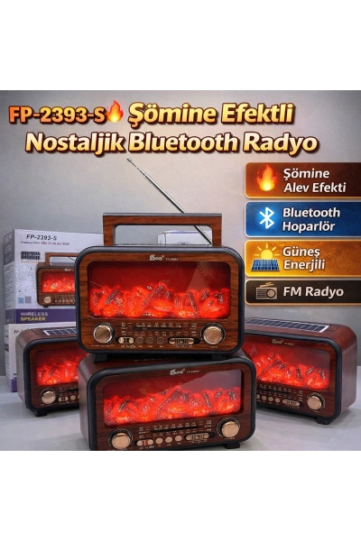 FP-2393 S Şömine Efektli Nostaljik Radyo Güneş Enerjili Bluetooth Toptan
