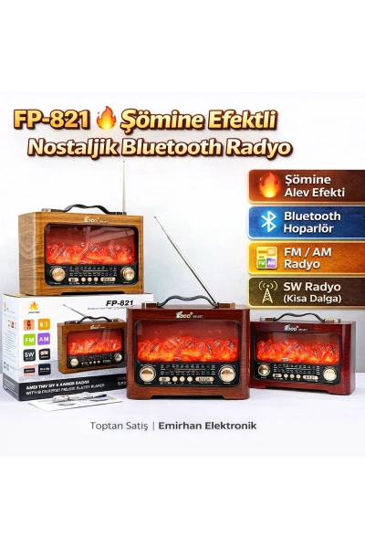 FP-821 Şömine Efektli Nostaljik Radyo Bluetooth Dekoratif Toptan