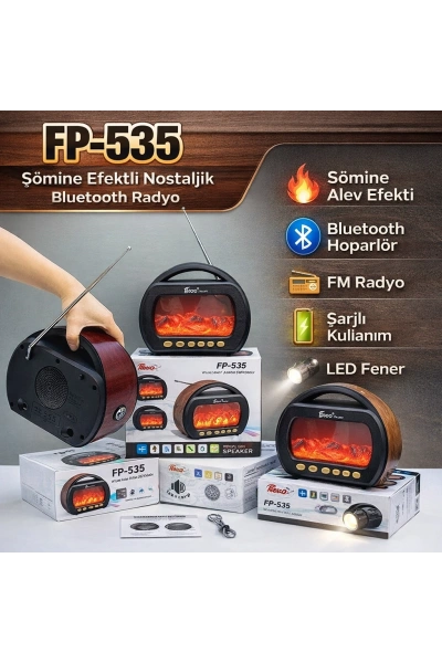 FP-535 Şömine Efektli Nostaljik Radyo Ahşap Görünümlü Dekoratif Toptan