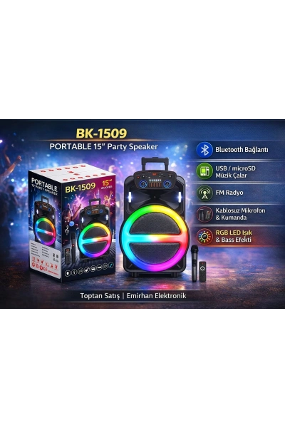 BK 1509 BLUETOOTH SD,USB GİRİŞLİ TEK MİKROFONLU RGB IŞIKLI SPEAKER 15 İNÇ