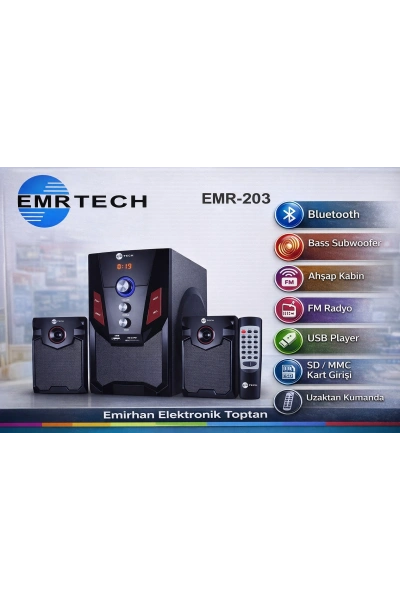 EMRTECH 2.1 Ses Sistemi Bluetooth FM Radyo Subwooferlı Toptan EMR 203
