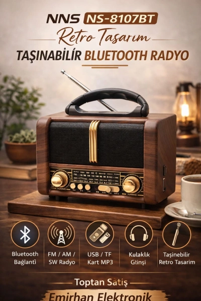 NNS NS-8107BT Taşınabilir Nostaljik Radyo Bluetooth Hoparlör Toptan