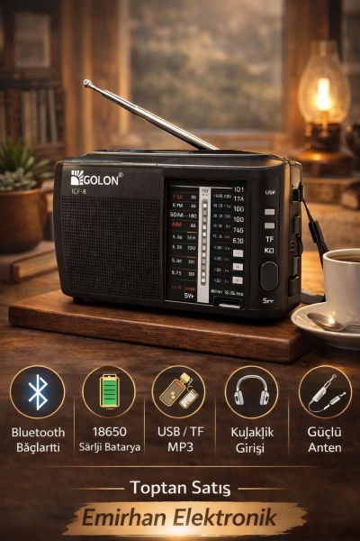 Golon ICF-8BT Şarjlı Cep Radyosu Bluetooth USB TF Kart Toptan