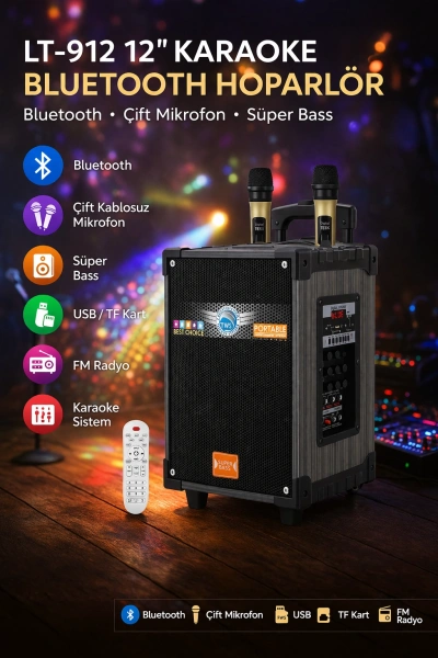 LT-912 12 inç Karaoke Bluetooth Hoparlör Çift Mikrofonlu Party Box Toptan