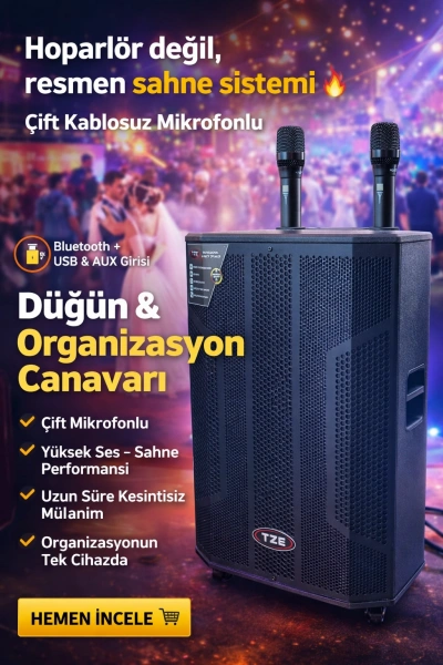 Çift Mikrofonlu Hoparlör | TZE Party Speaker – Düğün & Organizasyon İçin Taşınabilir Güçlü Ses Sistemi