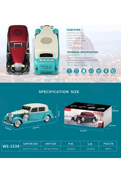 WS-1934 Nostaljik Araba Speaker Bluetooth Hoparlör 4 Renk Toptan Satış USB TF Radyo Destekli