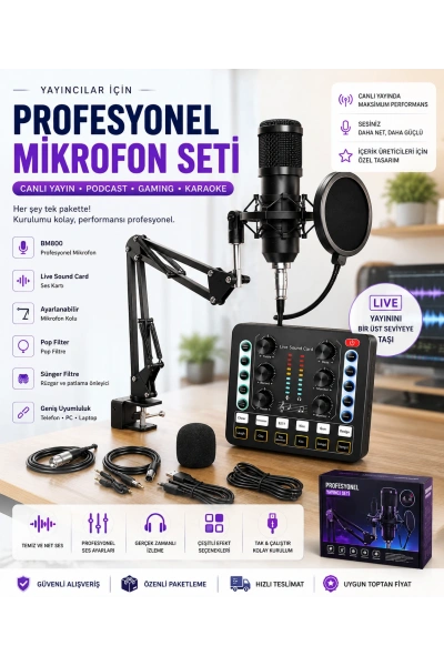 Orta Seviye Yayıncı Mikrofon Seti Ses Kartlı Podcast Canlı Yayın Toptan