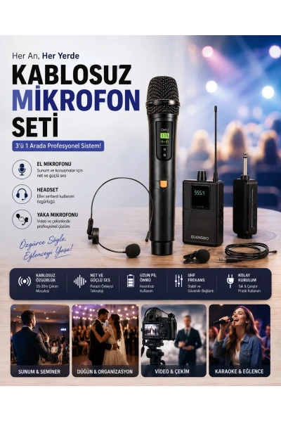 3’ü 1 Arada Profesyonel Kablosuz Mikrofon Seti – El + Headset + Yaka Mikrofon | Sahne, Sunum ve Video Çekim İçin