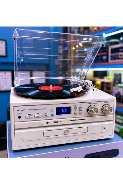 Vintage Ahşap Müzik Seti KN 140 – Pikap, CD, USB, Bluetooth ve Radyo Özellikli Nostaljik Ses Sistemi