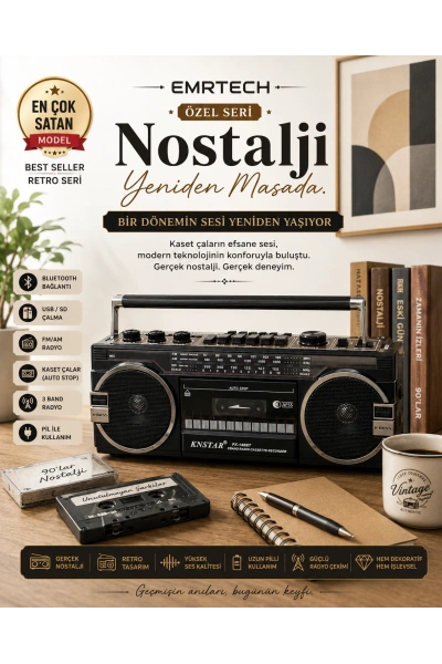 KNSTAR 149BT Nostaljik Kasetçalar Bluetooth – Çift Hoparlörlü Retro Kaset Çalar Radyo