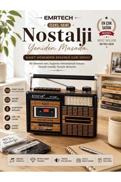 KNSTAR 319BT Nostaljik Kasetçalar Bluetooth – Retro Radyo Kaset Çalar