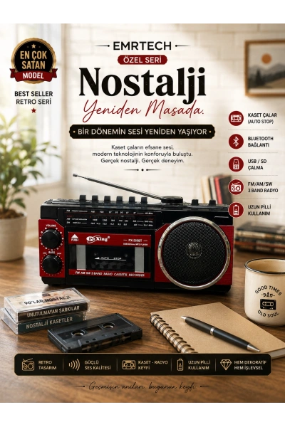PuXing PX-250BT Bluetooth’lu Nostaljik Kasetçalar Radyo | USB/SD Destekli Toptan Satış