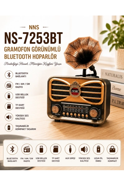 NNS NS-7253BT Gramofon Görünümlü Bluetooth Hoparlör FM AM SW Nostaljik Radyo Toptan