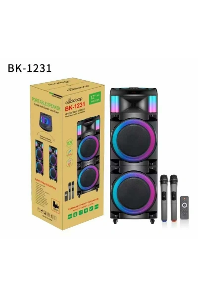 BK 1231 BLUETOOTH SD,USB GİRİŞLİ ÇİFT MİKROFONLU RGB IŞIKLI SPEAKER 12*2 İNÇ