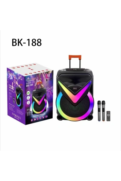 BK 188 BLUETOOTH SD,USB GİRİŞLİ ÇİFT MİKROFONLU RGB IŞIKLI SPEAKER 18 İNÇ