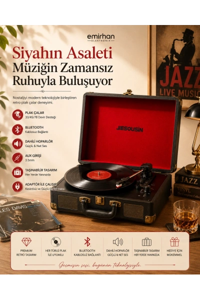 Siyah Retro Bavul Plak Çalar – Bluetooth Destekli Premium Taşınabilir Pikap