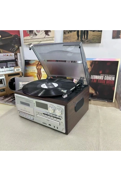 KNSTAR KN-110 Bluetooth Nostaljik Pikap CD Kaset Plak Çalar Müzik Seti