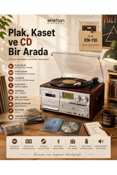 KNSTAR KN-110 Bluetooth Nostaljik Pikap CD Kaset Plak Çalar Müzik Seti