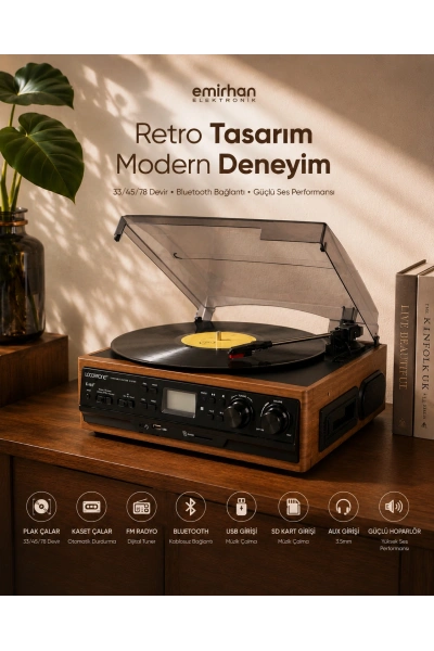 KNSTAR KN 27 Nostaljik Pikap Bluetoothlu Retro Plak Çalar Kaset USB SD Radyo Hoparlörlü Ahşap Müzik Seti