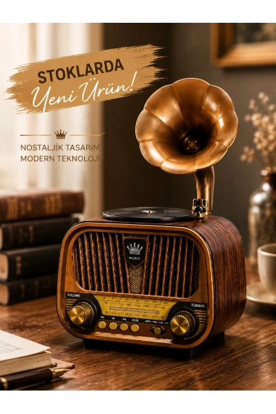 Meier MD-1319BT Gramofon Görünümlü Bluetooth Hoparlör FM AM SW Radyo USB TF Kart Destekli