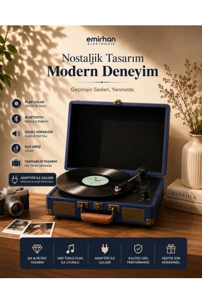 Nostaljik Bavul Plak Çalar – Bluetooth Destekli Mavi Retro Pikap