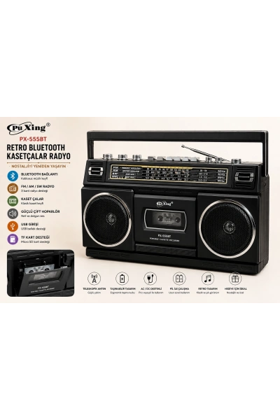 Pu Xing PX-555BT Retro Bluetooth Kasetçalar Radyo – Nostaljik Boombox Hoparlör