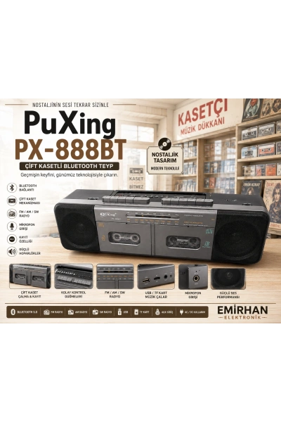 PuXing PX-888BT Çift Kasetli Bluetooth Teyp FM AM SW Radyo Nostaljik Kasetçalar