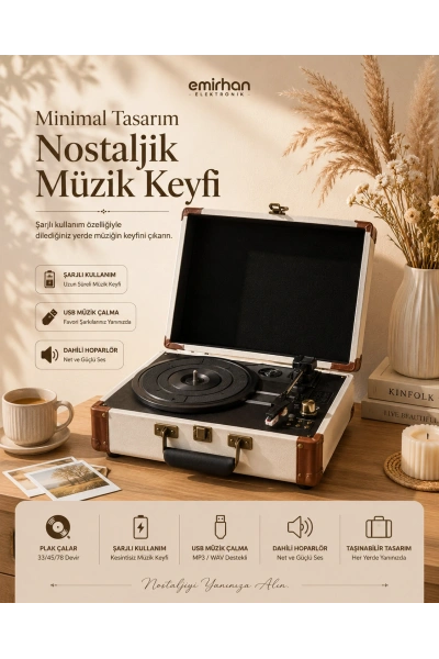 Şarjlı USB Destekli Taşınabilir Bavul Tipi Plak Çalar – Beyaz Retro Tasarım