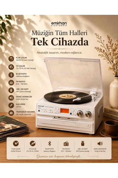 Vintage Ahşap Müzik Seti KN 140 – Pikap, CD, USB, Bluetooth ve Radyo Özellikli Nostaljik Ses Sistemi