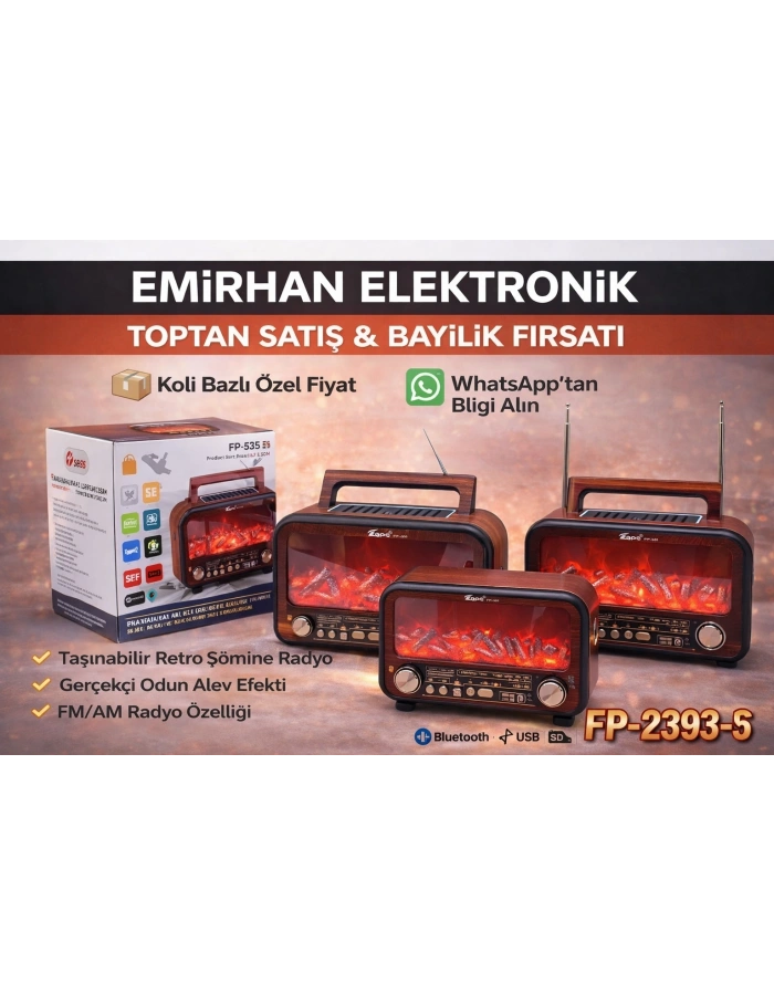 FP-2393 S Şömine Efektli Nostaljik Radyo Güneş Enerjili Bluetooth Toptan