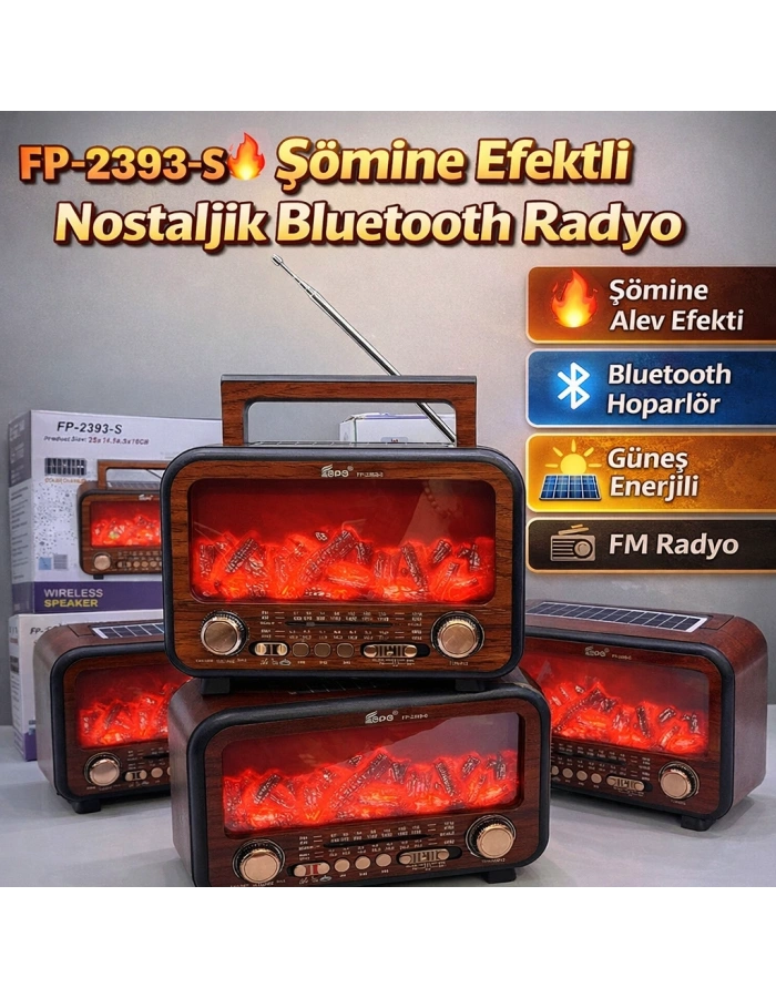 FP-2393 S Şömine Efektli Nostaljik Radyo Güneş Enerjili Bluetooth Toptan