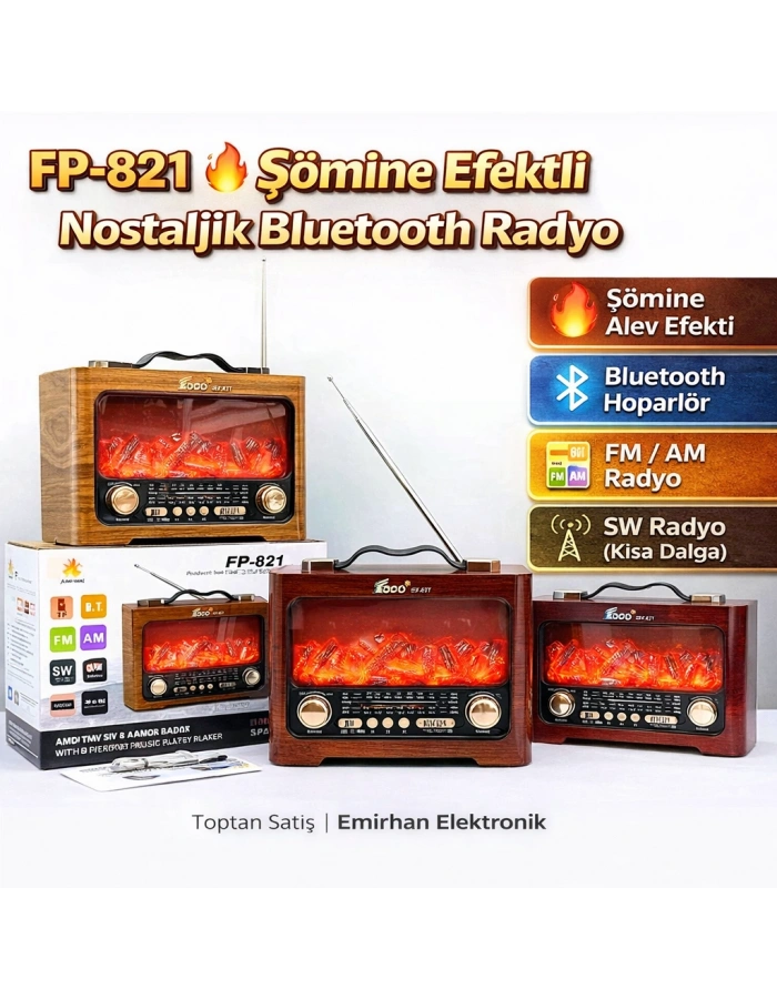 FP-821 Şömine Efektli Nostaljik Radyo Bluetooth Dekoratif Toptan