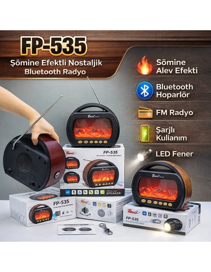 FP-535 Şömine Efektli Nostaljik Radyo Ahşap Görünümlü Dekoratif Toptan