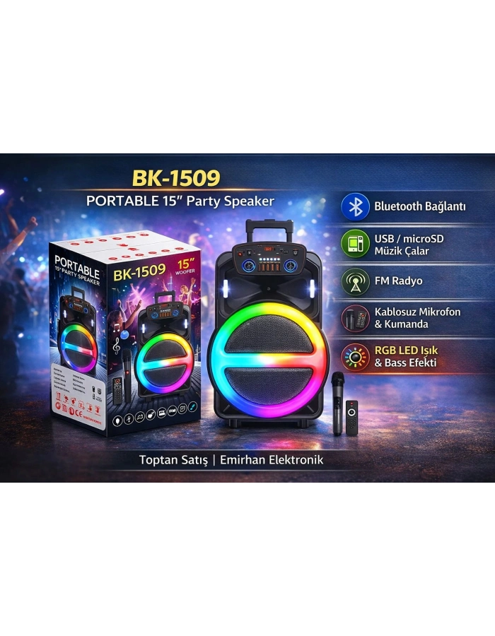 BK 1509 BLUETOOTH SD,USB GİRİŞLİ TEK MİKROFONLU RGB IŞIKLI SPEAKER 15 İNÇ