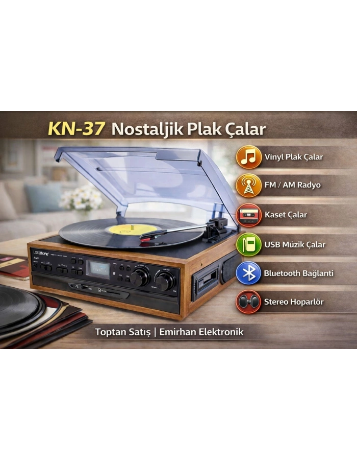 Knstar KN 37 Nostaljik Pikap Bluetoothlu Retro Plak Çalar Kaset USB SD Radyo Hoparlörlü Ahşap Müzik Seti