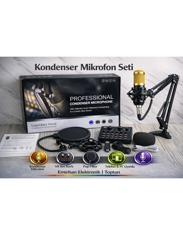 BM800VT Mikserli Yayıncı Mikrofon Seti Ses Kartlı Stüdyo Podcast Toptan