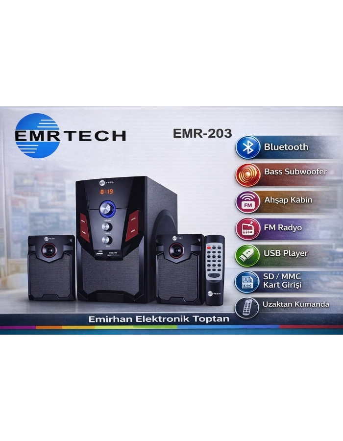 EMRTECH 2.1 Ses Sistemi Bluetooth FM Radyo Subwooferlı Toptan EMR 203