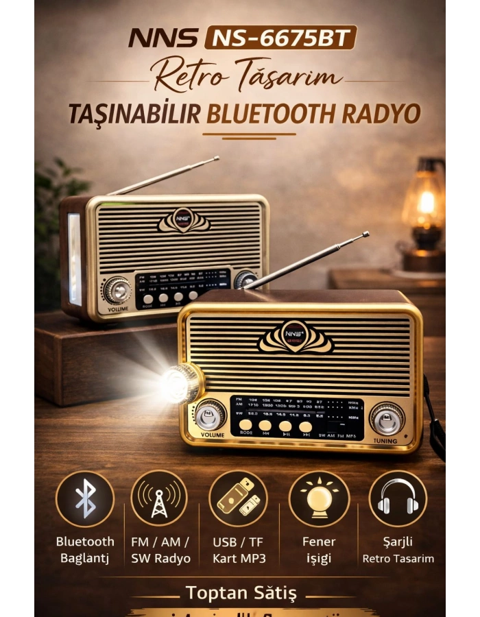 NNS NS-6675BT Fenerli Nostaljik Radyo Şarjlı Pilli Bluetooth Toptan