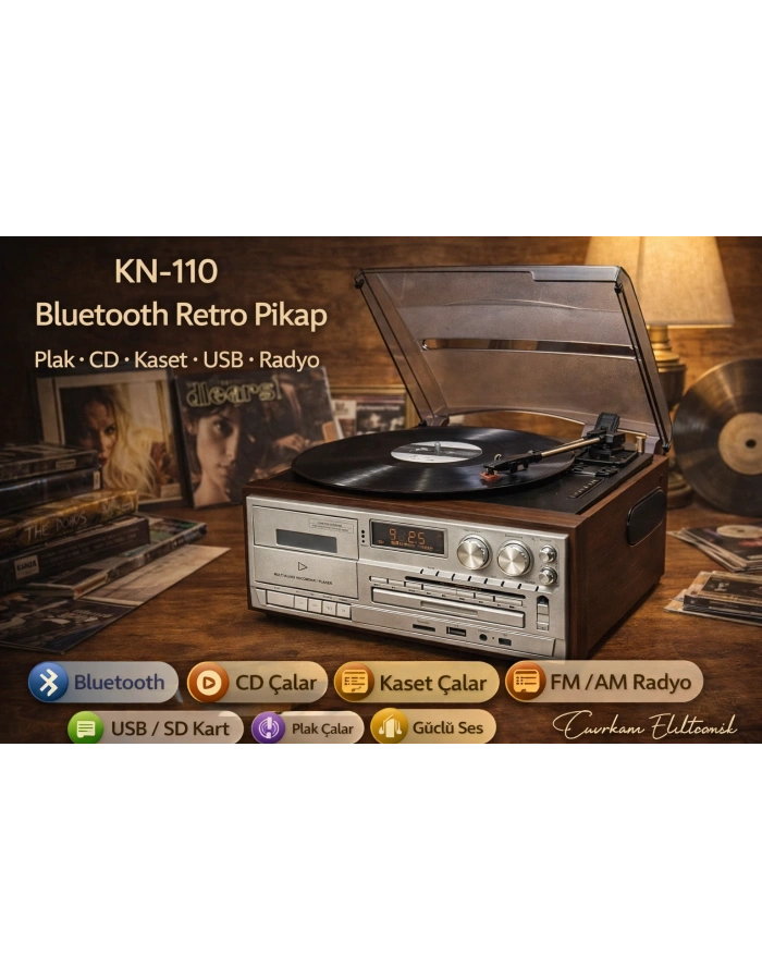 KNSTAR KN-110 Bluetooth Nostaljik Pikap CD Kaset Plak Çalar Müzik Seti
