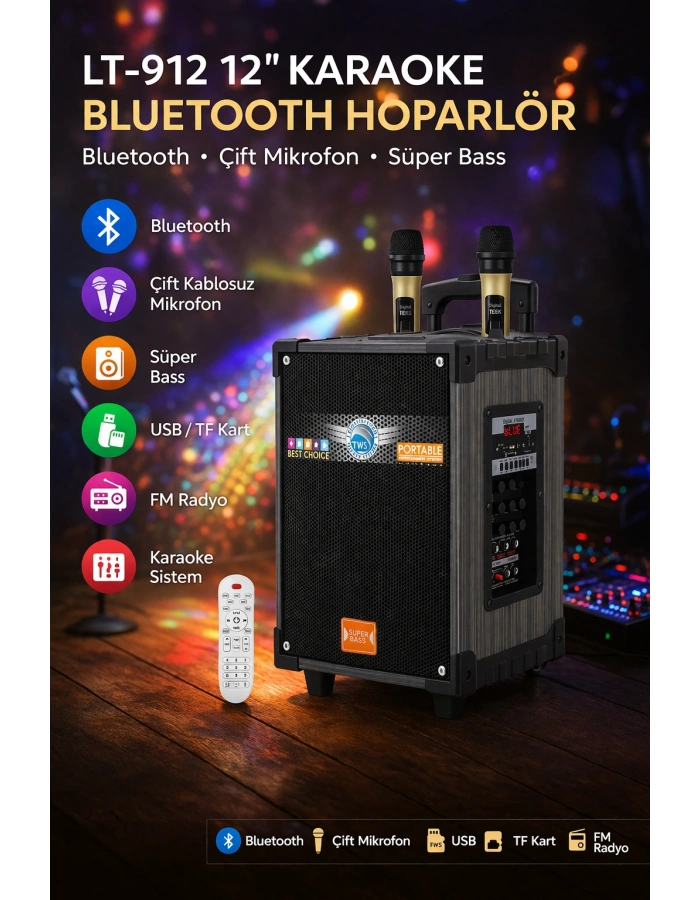 LT-912 12 inç Karaoke Bluetooth Hoparlör Çift Mikrofonlu Party Box Toptan