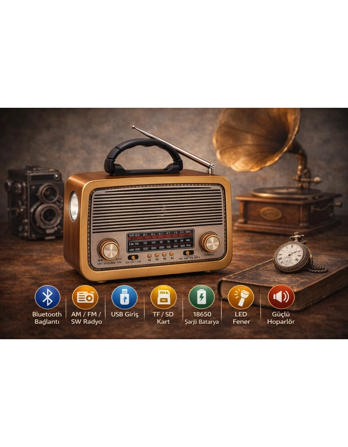 YS-3199BT Fenerli Nostaljik Radyo Şarjlı Pilli Bluetooth Toptan