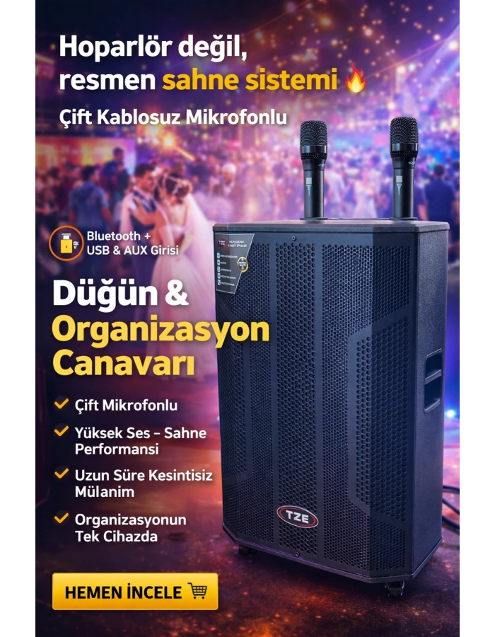 Çift Mikrofonlu Hoparlör | TZE Party Speaker – Düğün & Organizasyon İçin Taşınabilir Güçlü Ses Sistemi