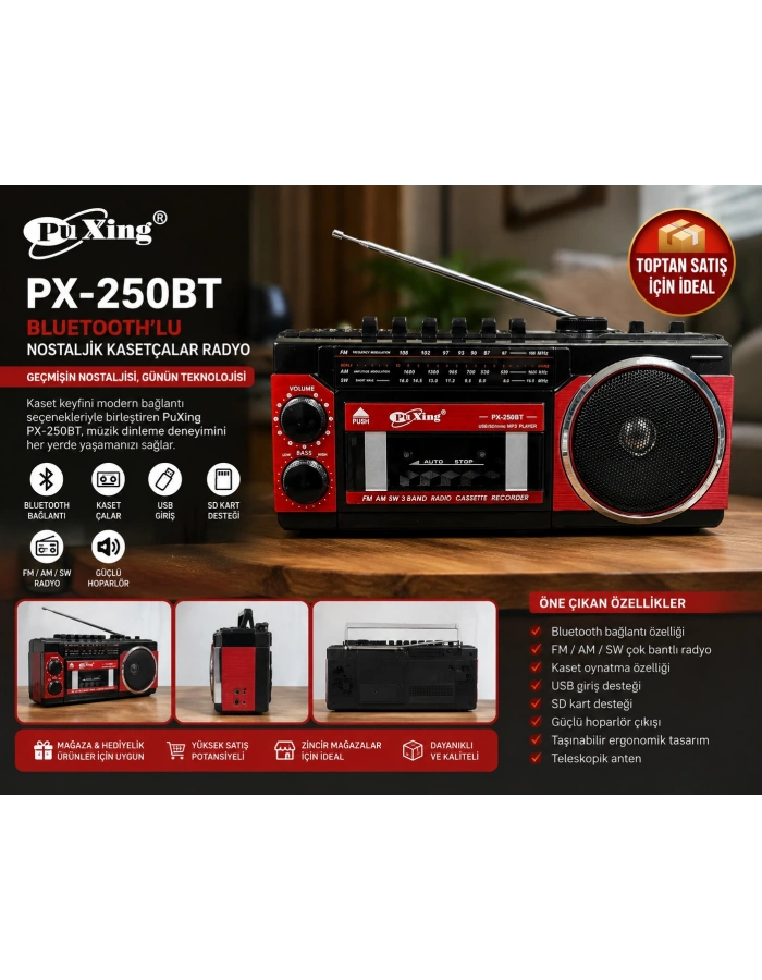 PuXing PX-250BT Bluetooth’lu Nostaljik Kasetçalar Radyo | USB/SD Destekli Toptan Satış