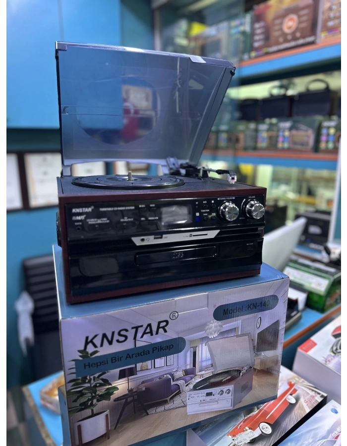 Vintage Ahşap Müzik Seti KN 140 – Pikap, CD, USB, Bluetooth ve Radyo Özellikli Nostaljik Ses Sistemi