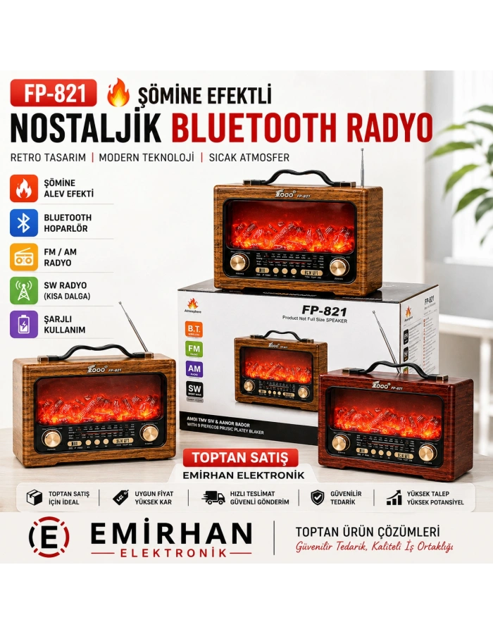 FP-821 Şömine Efektli Nostaljik Radyo Bluetooth Dekoratif Toptan