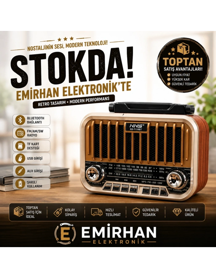 NNS NS-7115BT Taşınabilir Nostaljik Radyo Bluetooth Hoparlör Toptan