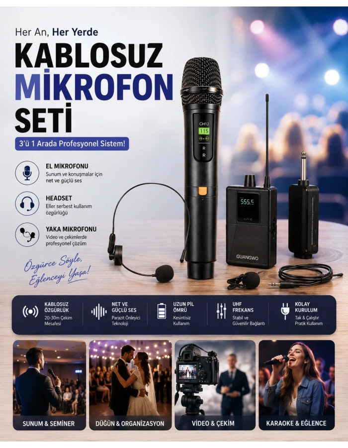 3’ü 1 Arada Profesyonel Kablosuz Mikrofon Seti – El + Headset + Yaka Mikrofon | Sahne, Sunum ve Video Çekim İçin