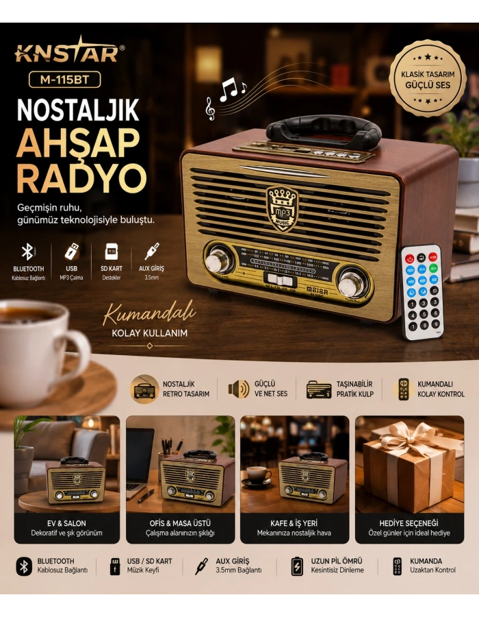 KNSTAR M-115BT Nostaljik Ahşap Radyo Bluetooth USB SD AUX Toptan
