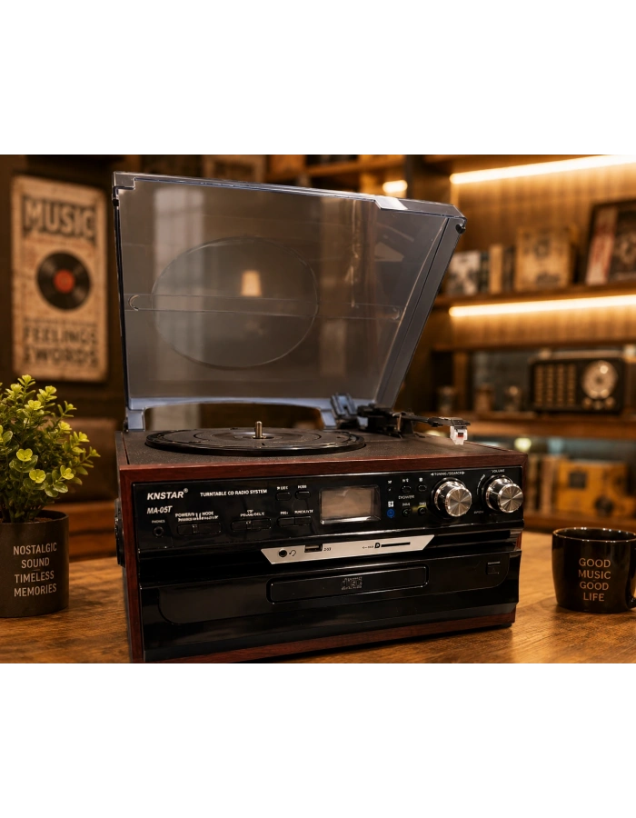 Vintage Ahşap Müzik Seti KN 140 – Pikap, CD, USB, Bluetooth ve Radyo Özellikli Nostaljik Ses Sistemi