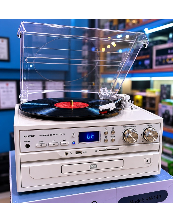 Vintage Ahşap Müzik Seti KN 140 – Pikap, CD, USB, Bluetooth ve Radyo Özellikli Nostaljik Ses Sistemi